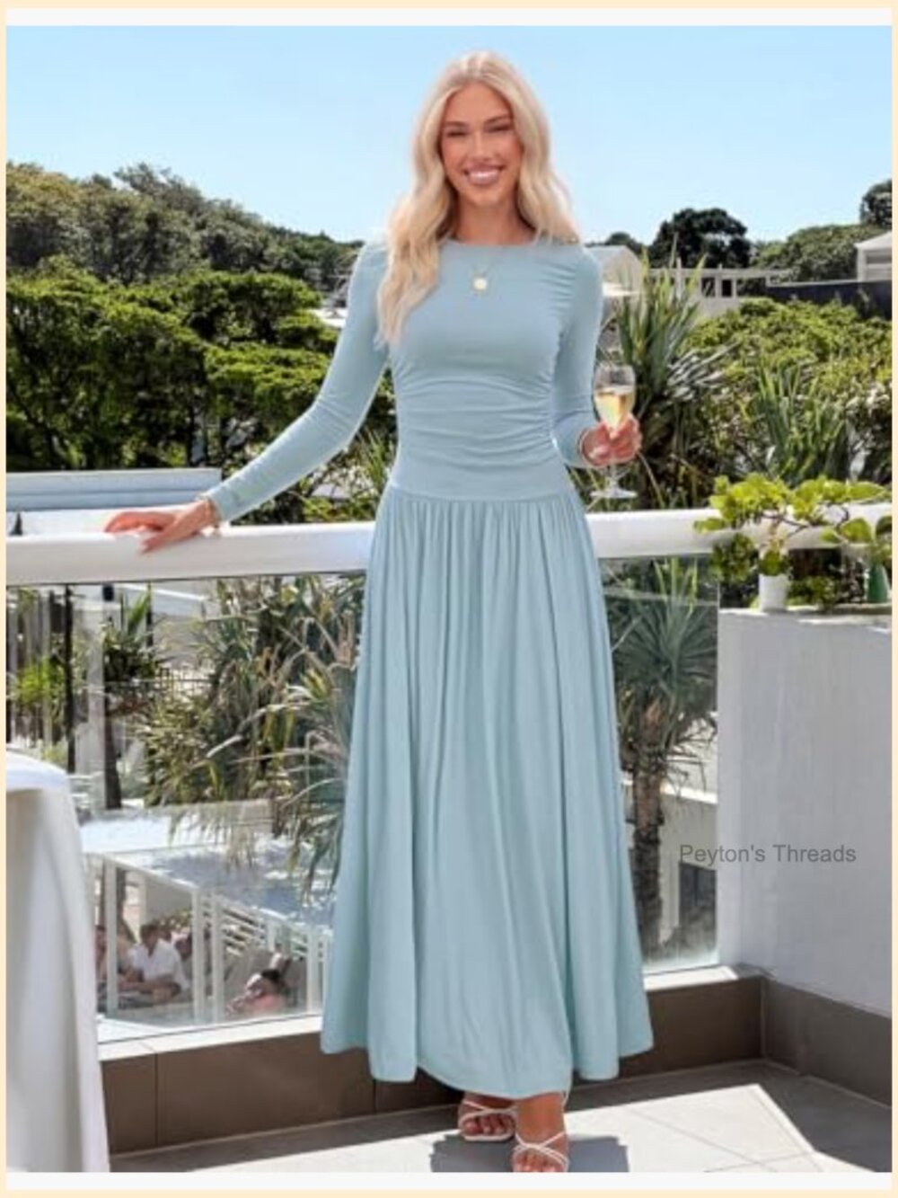 Women's Long Sleeve Crewneck Swing Pleated Maxi Dress with Pockets - Picture 2 of 7